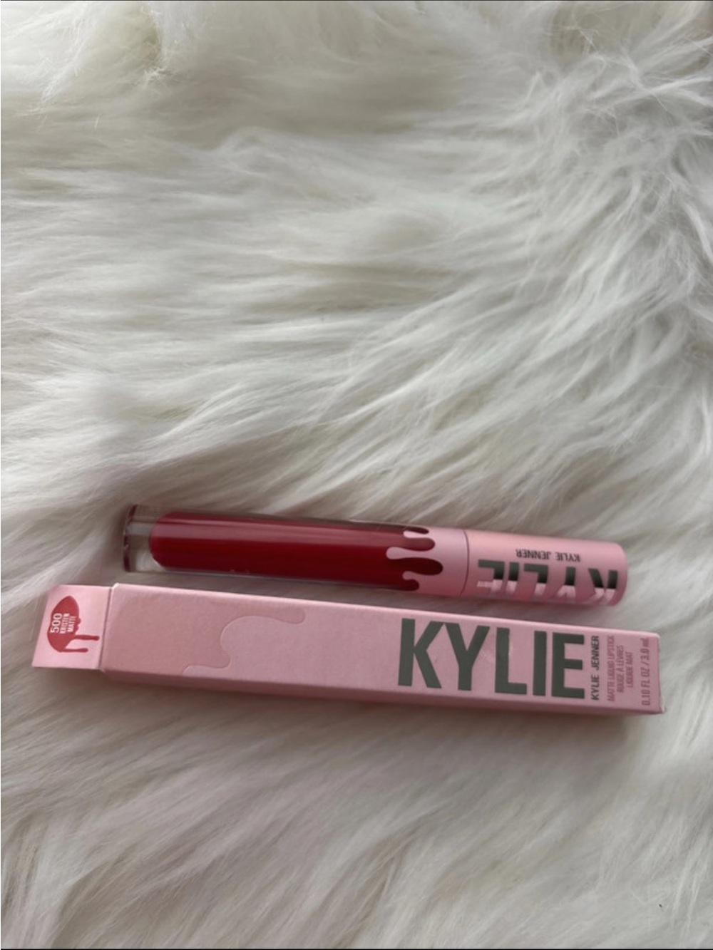 Kylie Cosmetics Liquid Lipstick - Rose Pink Packaging with Deep Red Shade